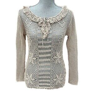Boston Proper Women's M Beige Gold Metallic Open Weave Long Sleeve Knit Top